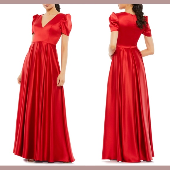 $398 IEENA Mac Duggal [ 14 ] Puff Sleeve Satin A-Line Gown in‎ Red - Picture 1 of 16